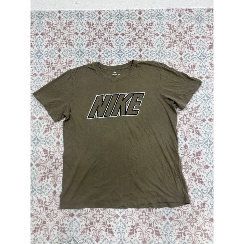 Nike Mens Graphic T-Shirt Olive Green Silver Logo Crew Neck M